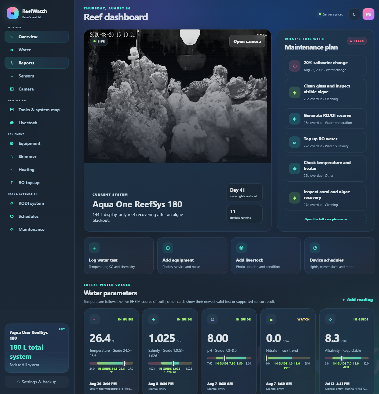 Updated ReefWatch reef.home dashboard showing the live reef camera, maintenance plan, quick actions, and water parameters